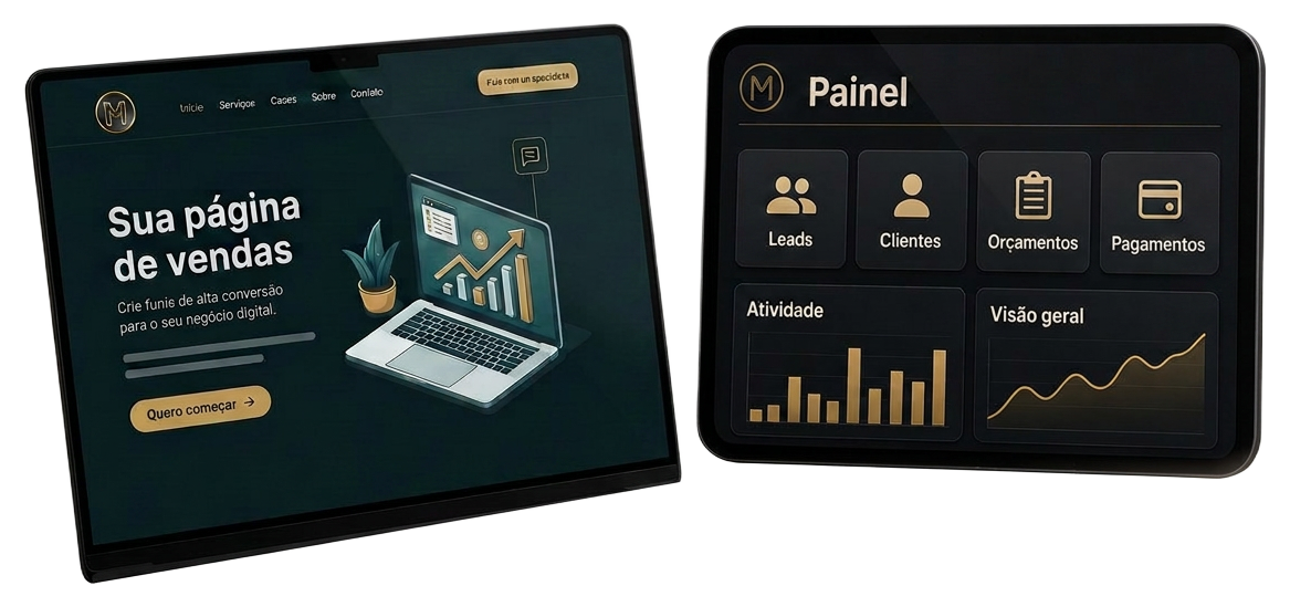 Tela da página de vendas com símbolo M ao lado da tela do painel de gestão